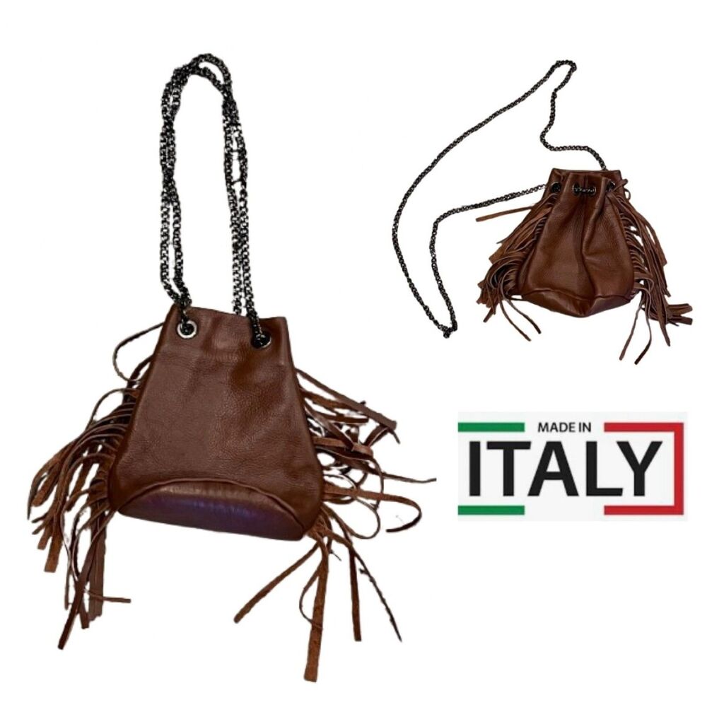NWOT Made in Italy Brown Leather Fringe Mini Bucket Bag